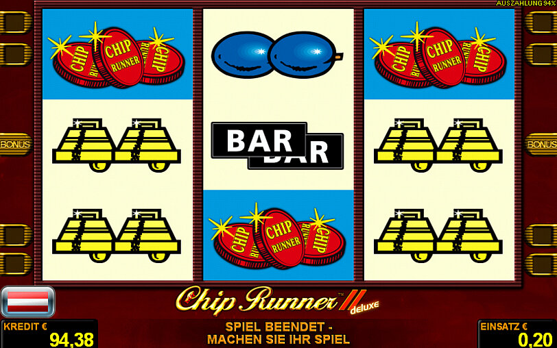 Ingame-View vom Spiel Hot Chip Runner II Deluxe mit Glocken, Spielchips und Zwetschken auf den Spielwalzen.