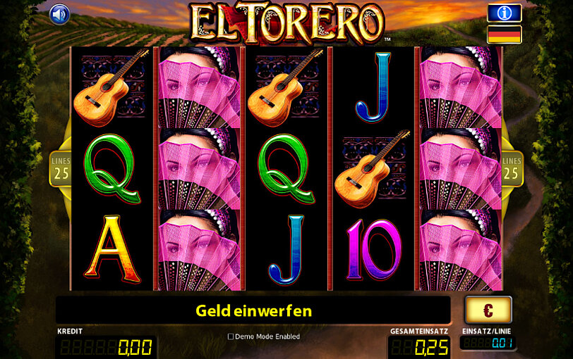 Gitarren und Flamenco-Taenzerinnen als Gewinnsymbole auf den Spielwalzen von El Torero.