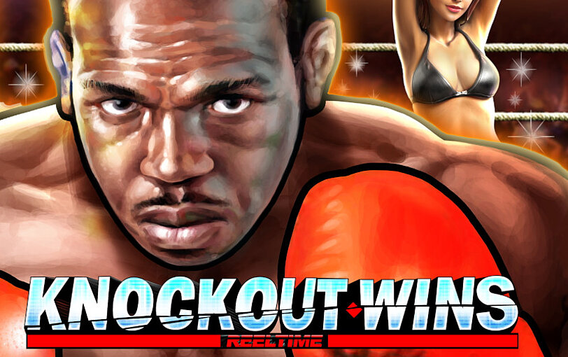 Mann mit roten Boxhandschuhen und Nummerngirl in schwarzem Bikini hinter Knockout Wins Logo.