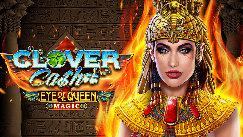 Aegyptische Koenigin mit prunkvollem Kopf- und Halsschmuck neben Clover Cash Eye of the queen magic Logo. 