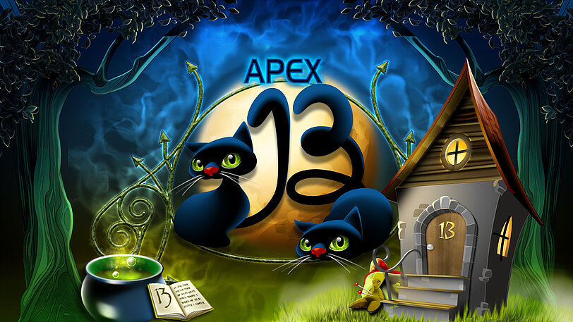 APEX Thirteen Werbegrafik mit zwei schwarzen Katzen die mit ihren Schwänzen die Zahl 13 formen. 