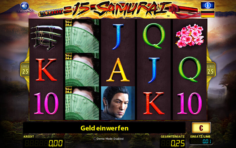 Ingame-Screenshot von 15 Samurai mit Samuraischwerten und japanischen Symbolen.