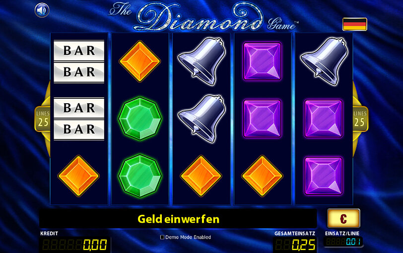Gewinnwalzen im Spiel Diamond Game mit klassischen Automatenspiel-Symbolen in Form von Juwelen.