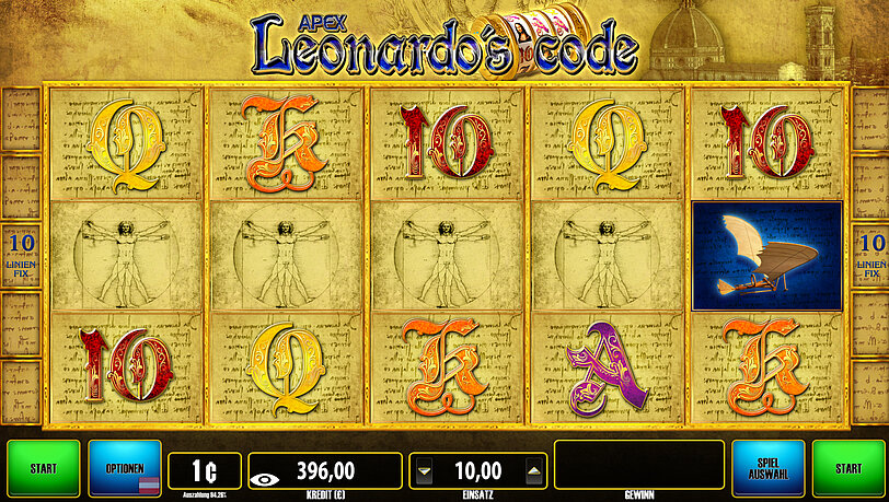 Spielansicht von Leonardo's Code mit Gewinnwalzen und Gewinnsymbolen.