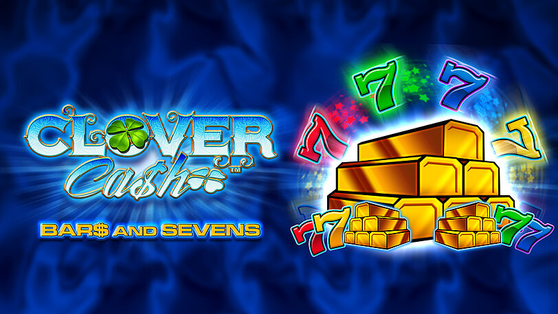 Clover Cash Bars&Sevens Logo mit gruenem Kleeblatt, neben großen Goldbarrenhaufen und bunten Sieben.