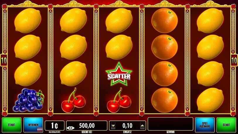 Spielansicht von Clover Cash Red Hot 7 Xtreme mit Fruchtsymbolen und Scattersymbol auf den Walzen.
