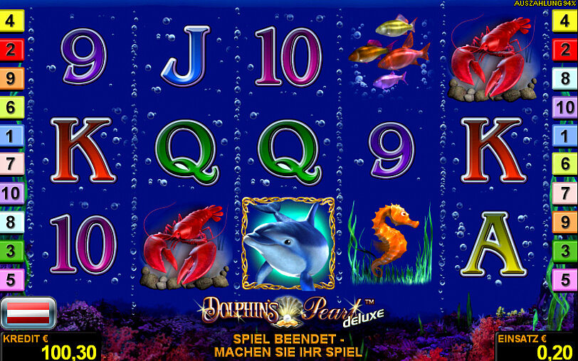 Einblick in das Spiel Dolphin's Pearl Deluxe mit Ansicht der Spielwalzen und Gewinnsymbole.