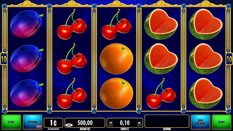Clover Cash Red Hot 7 Ingame-Ansicht mit Fruchtsymbolen auf den Gewinnwalzen.
