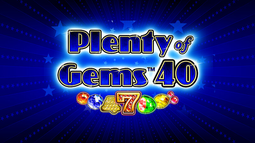 Glitzerndes Plenty of Gems 40 Logo mit funkelnden Fruechten & Glocken.