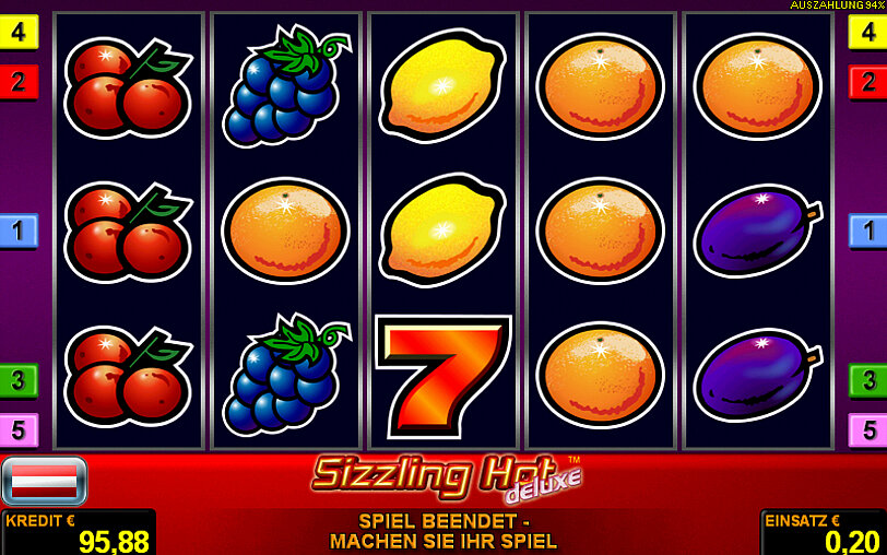 Fruechte-Symbole auf den Automatenwalzen vom Spiel Sizzling Hot Deluxe.