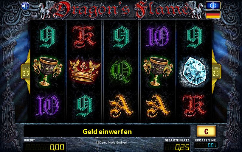 Automatenspielwalzen von Dragon's Flame mit Kelch-, Krone- und Diamant-Gewinnsymbolen.