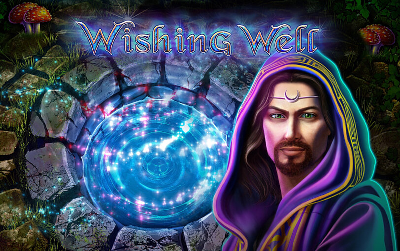 Wishing Well Logo und Mann mit violettem Kapuzenmantel vor strahlendem Wasserbrunnen.