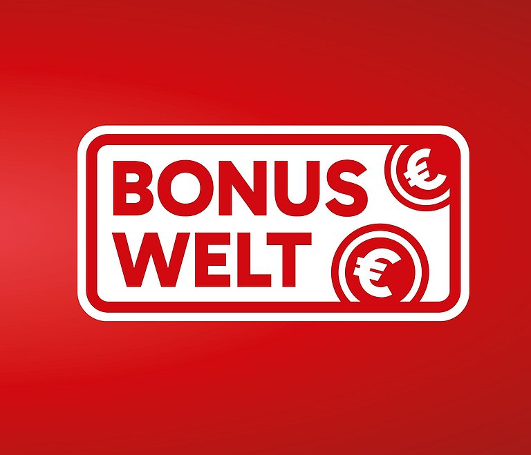 Der Schriftzug "BONUSWELT" in weiß auf rotem Grund.