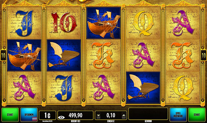 Spielwalzen in Clover Cash Leonardo's Code mit Gewinnsymbolen von Da Vinci Erfindungen.