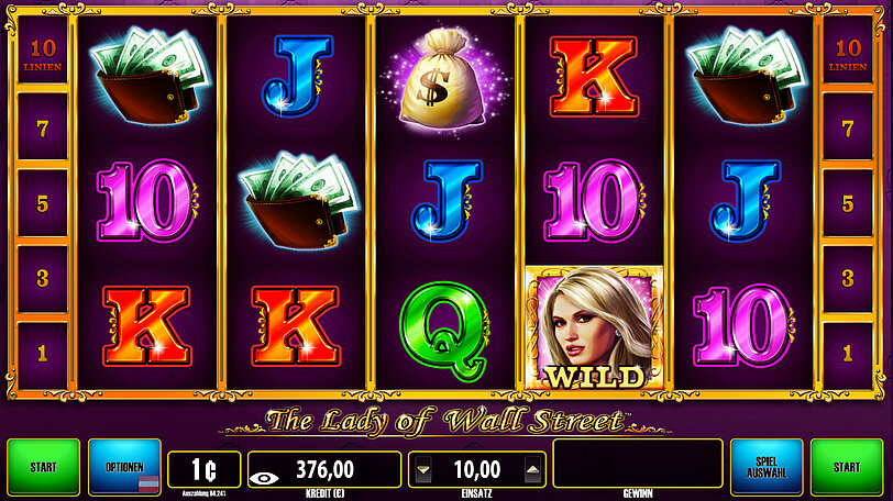 Lady of wall street Ingame-Screenshot mit Gewinnsymbolen wie Geldsaecke und Portemonnaies.