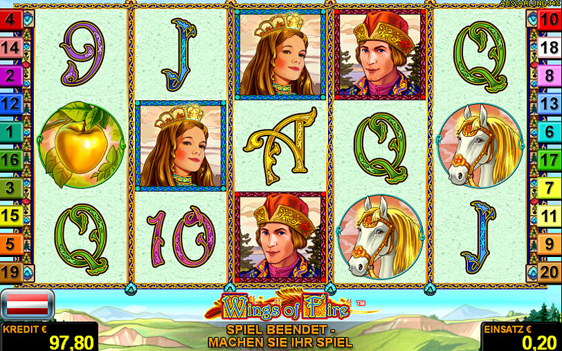 Goldener Apfel, weisses Pferd, Prinzessin und Prinz als Gewinnsymbole auf den Walzen in Wings of Fire. 