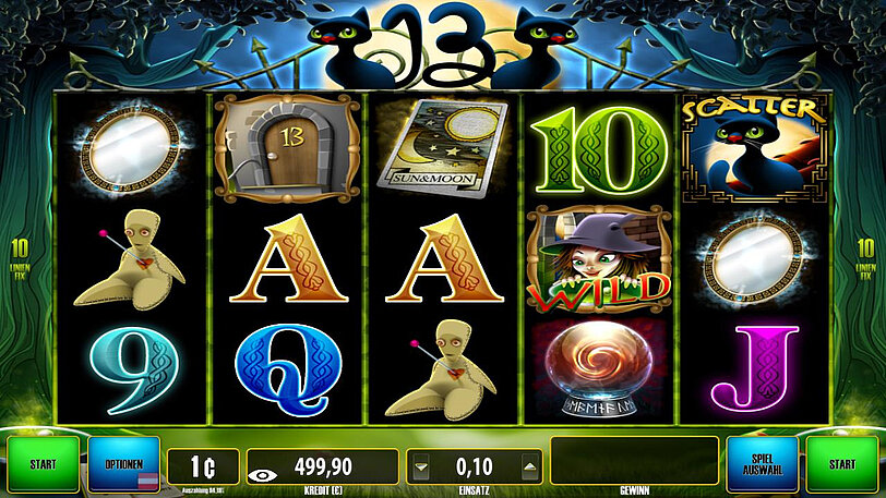 Ingame-Screenshot von Thirteen zeigt Walzen & Gewinnsymbole vor düstererem Hintergrund.