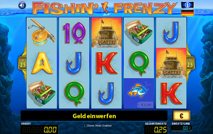 Angel-, Koeder-, Boot- und Fisch-Gewinnsymbole auf den Spielwalzen von RTG's Fishin' Frenzy.