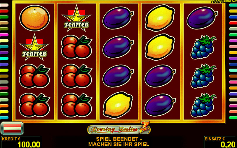 Roaring Forties Hot 7 ingame-screenshot mit Gewinnwalzen und Fruechten als Spielsymbole.