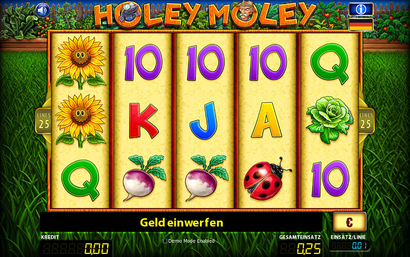 Sonnenblumen, Kaefer und Gemüse als Gewinnsymbole auf den Walzen von RTG's Holey Moley.