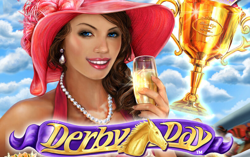 Derby Day Logo, dahinter Frau mit rosa Kleid, rosa Hut und Perlenkette. Frau haelt Glas Champagner. 