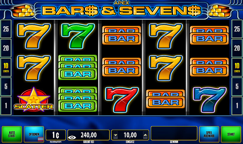 Spielansicht von Bars and Sevens mit Walzen & Gewinnsymbolen.