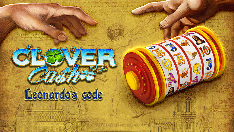 Werbebild von Clover Cash Leonardo's Code mit Da Vinci-Cryptex und Gemaelde: Erschaffung Gottes.