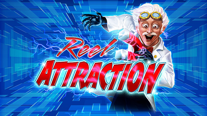 Reel Attraction Logo vor weißhaarigem Mann im Dokortkittel mit rotem Magnet in einem blauen Matrix-Raum.
