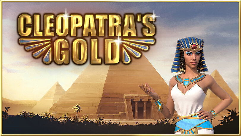 Goldenes Cleopatra's Gold-Logo neben Königin Cleopatra und Pyramiden im Hintergrund.