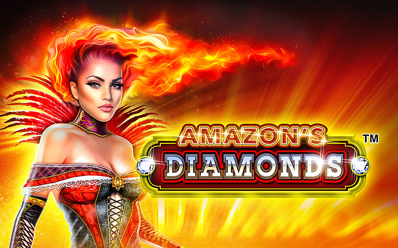 Frau mit rotem, brennendem Haar in traegerlosen Kleid neben Amazon's Diamonnds Logo.