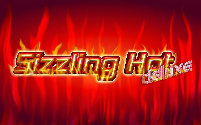 Sizzling Hot Deluxe Logo in Flammen vor brennendem, roten Hintergrund.