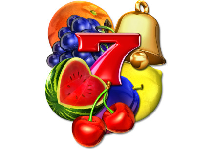 Die Automatenspielsymbole Kirsche, Weintrauben, Wassermelone, Zwetschke, Zitrone, Orange, Glocke und rote Sieben.