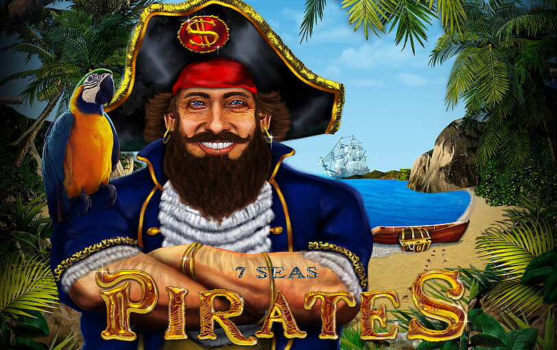 7 seas pirates Promobild zeigt Logo und baertigen Piraten mit Papagei auf Insel mit Palmen.