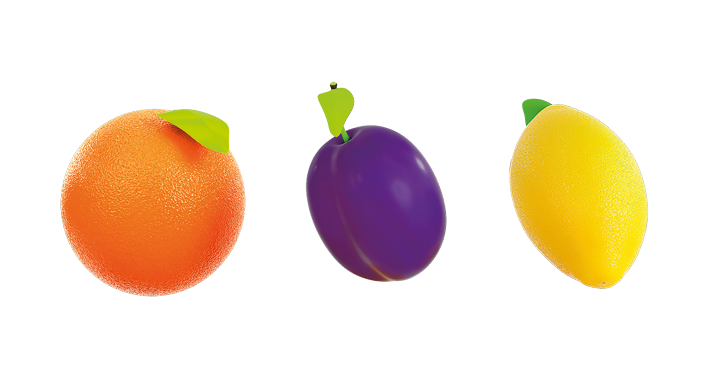 Eine Orange, eine Zwetschke und eine Zitronen nebeneinander.