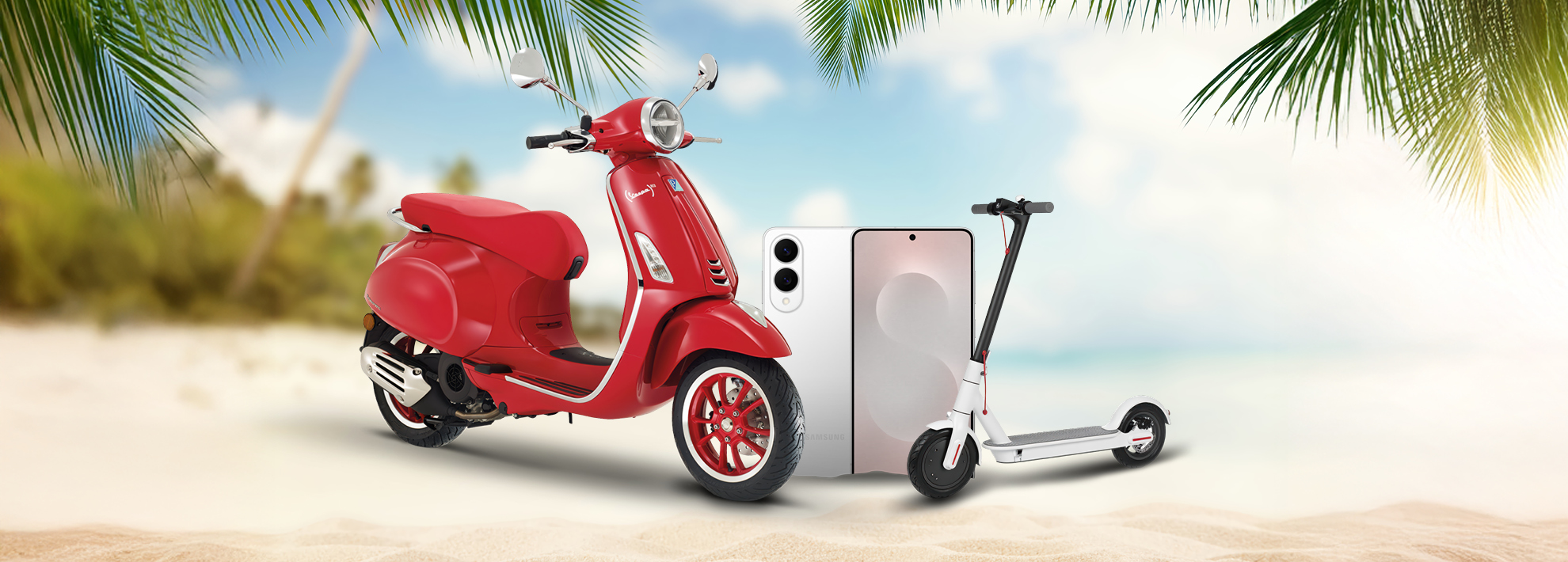 Strandfoto mit einer roten Vespa Primavera, einem Samsung Galaxy S25 Edge und einem E-Scooter